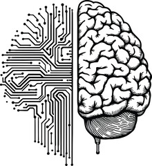 A drawing of a brain split in half with one side being a circuit board and the other an anatomical brain