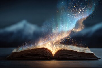 Open book, glowing magic, mystical energy