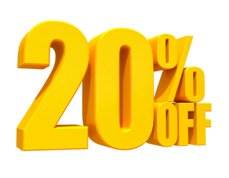 Tilted Floating Yellow 3D ‘20% OFF’ with Sparkle Highlights and Shadow Cast, Promo Graphic Style