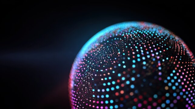 Creative 3d rendering sphere made of neon dots. Global network connection. Globe Grid. Worldwide communication. Futuristic earth globe. Science, technology and illustration on dark backdrop, no logos