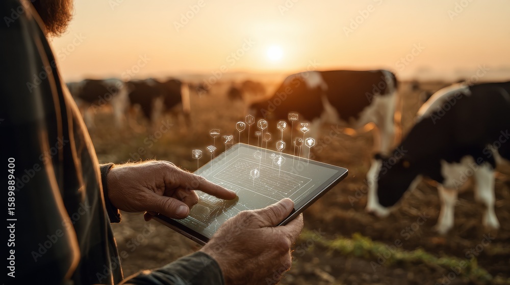 Poster farmer using a tablet with futuristic icons representing smart farming technologies, set against a s