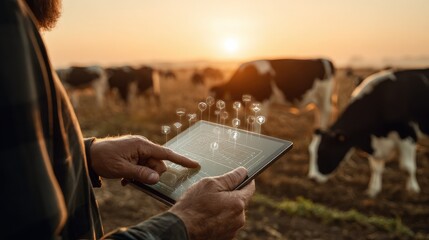 farmer using a tablet with futuristic icons representing smart farming technologies, set against a scenic background of cows and fields at sunset. The image captures the integration of technology