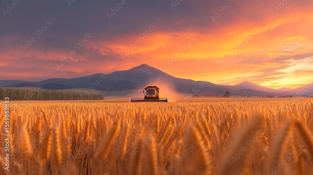 Poster a combine truck in a wheat field with a sunset in the background and a mountain range in the foregro