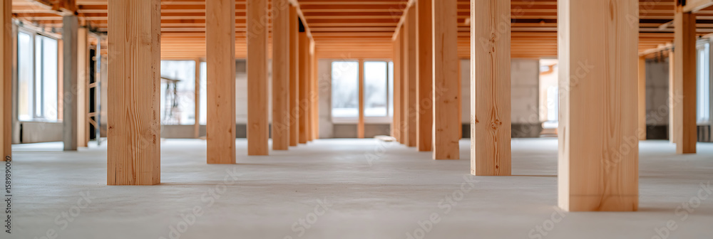 Poster interior construction framing with wooden columns creates a rhythmic pattern and provides support fo