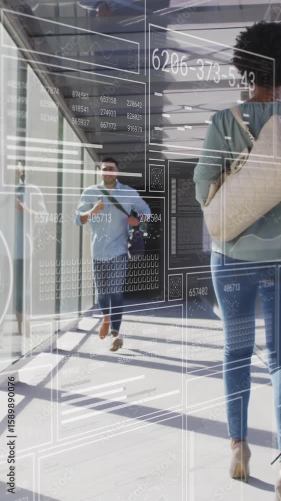Poster animation of interface with data processing against man running in the corridor at office