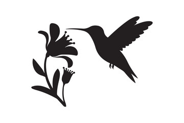 Hummingbird silhouette feeding on a stylized flower