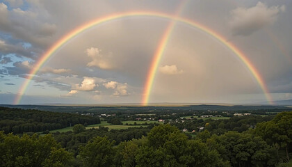 Fototapeta premium Spectacular Double Rainbow Over Lush Green Landscape – Symbol of Hope, Serenity, and Natural Beauty