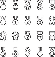 Award And Medal Icon Set. Achievement, Badge, Trophy, Ranking, Honor & Ribbon Line Icons Vector Collection