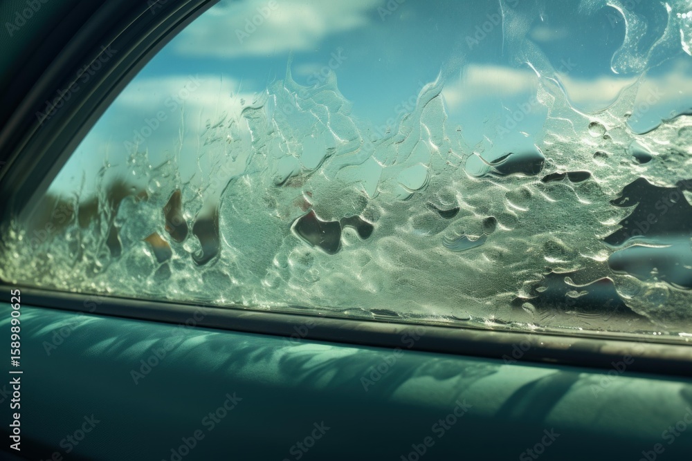 Poster ice melting on a car window forms abstract patterns, illuminated by sunlight on a bright day