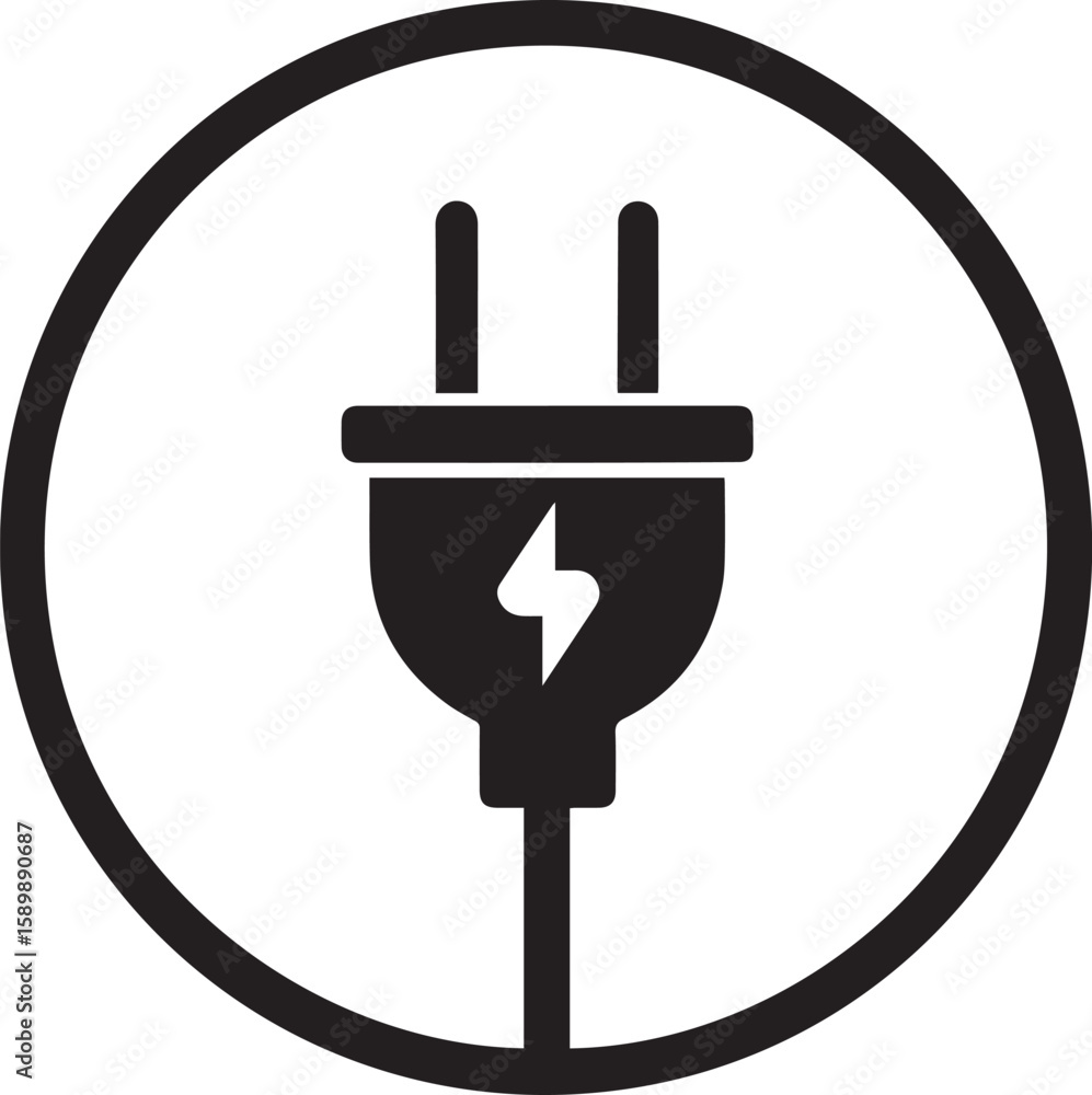 Aufkleber electric plug and socket icon with power and technology symbols in black vector style