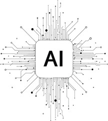 A black and white graphic of ai in the center with lines and circles radiating outwards from it