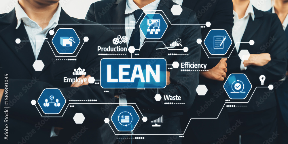 Poster a group of professionals in suits representing lean management principles through digital graphics i