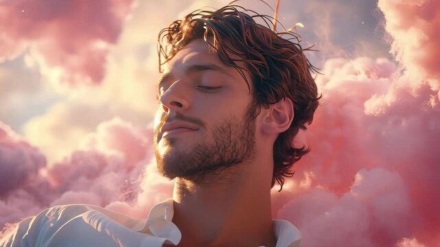 A man is laying in a cloud of pink smoke. The man is smiling and he is relaxed. The pink smoke is a symbol of the man's inner peace and tranquility