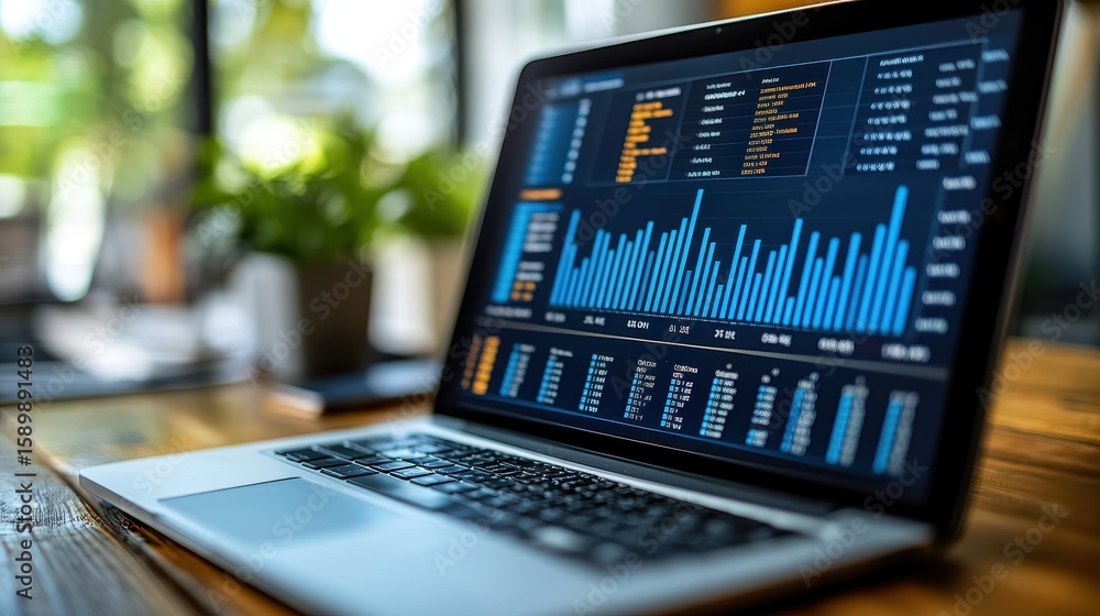 Poster analyzing business data and growth. laptop and reports. blue graphs and charts on laptop screen. dis