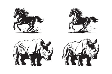 Dynamic black and white silhouettes of a galloping horse and a charging rhinoceros