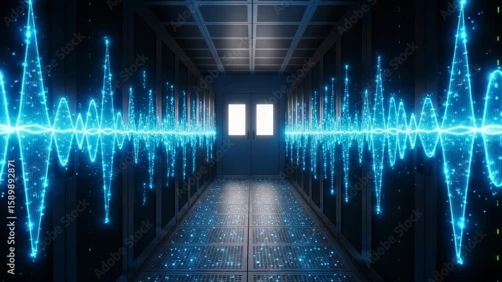 Aufkleber a futuristic server room with glowing blue data waves running through the network infrastructure