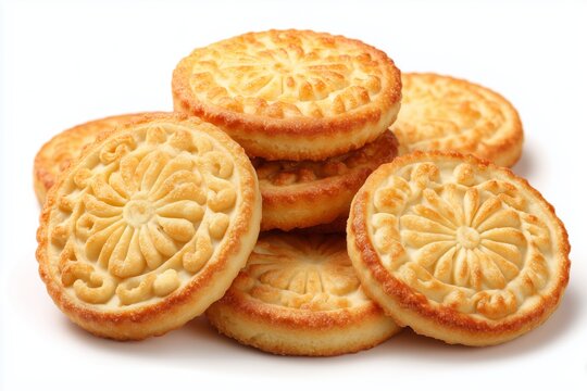Realistic depiction of anarsa rice biscuits stacked on a white background, highlighting their intricate floral designs and appealing golden-brown color