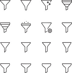 Funnel and filter icon set. Data, analytics, sorting, CRM and more icon collection.