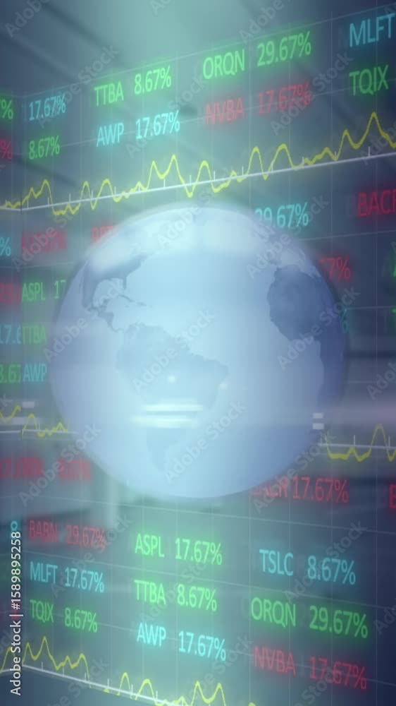 Aufkleber animation of stock market data processing over spinning globe against empty office