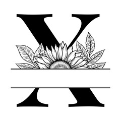 Sunflower split monogram design, alphabet letter X decorated with floral illustration. Perfect for personalized gifts, farmhouse decor, wedding initials, laser cut file, family sign, and DIY crafts.
