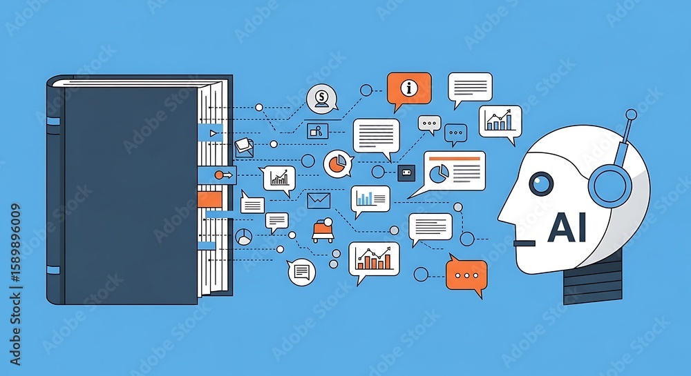 Aufkleber ai learning from knowledge: robot head connected to book with data analytics and insights illustrati
