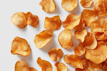 Delicious cassava chips arranged on a clean white background showcasing their crisp texture and golden coloring