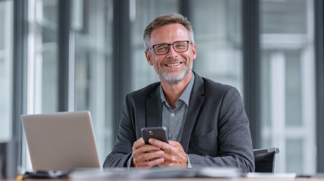 Smiling mature businessman holding smartphone sitting in office. Middle aged manager ceo using cell phone mobile apps and laptop. Digital technology applications and solutions for business developmen