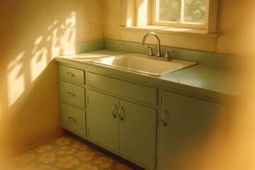 Cozy retro kitchen with pastel cabinets illuminated by soft sun rays