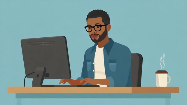 person man work desk computer flat design illustration video animation