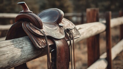 Close-up of a horse saddle on top of a wooden fence of the paddock, no logos, no brands