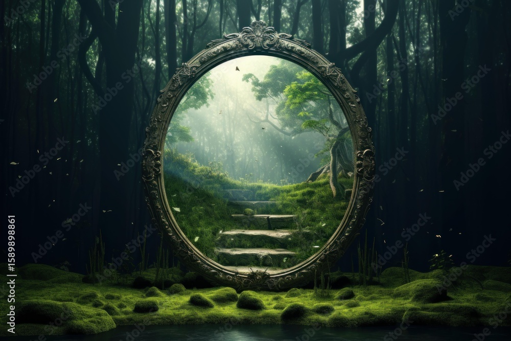 Poster ornate mirror revealing a hidden world in a mysterious forest, creating a surreal and enchanting atm