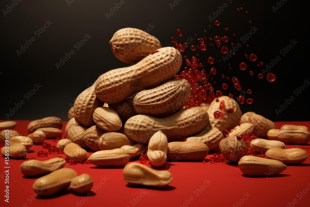 Poster peanuts are stacked on a red surface with droplets of red liquid splashing onto them