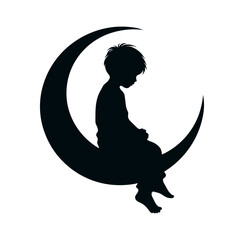 Silhouette of a boy sitting on crescent moon, black and white illustration, dreamy night and childhood imagination concept