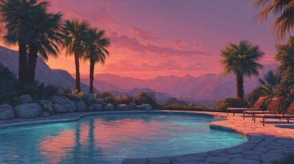 Sunset serenity by the pool, palm trees and mountains.