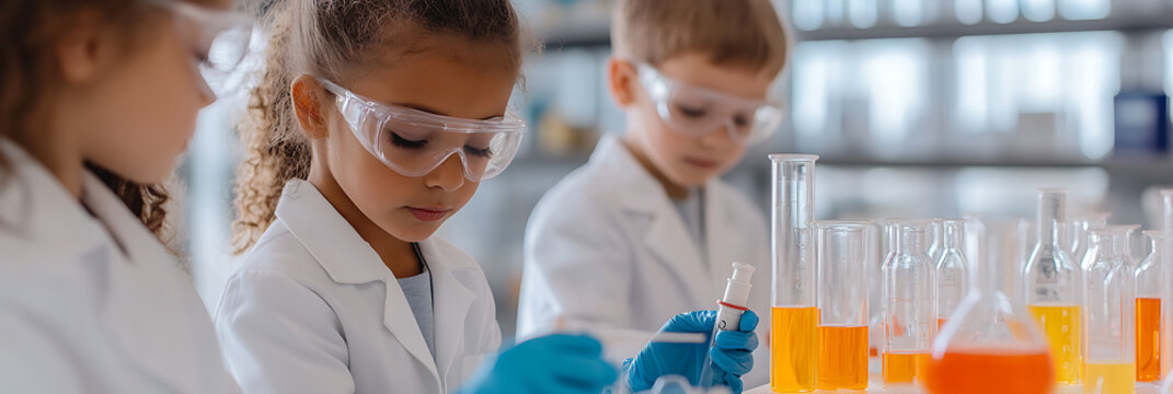 Young scientists conduct experiment in lab. Children wearing lab coats and safety goggles are learning about chemistry. Education and science concept.