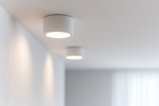 Minimalist ceiling lights illuminate a clean, modern interior. Sleek design complements the bright, white space. Simple, elegant lighting solution.