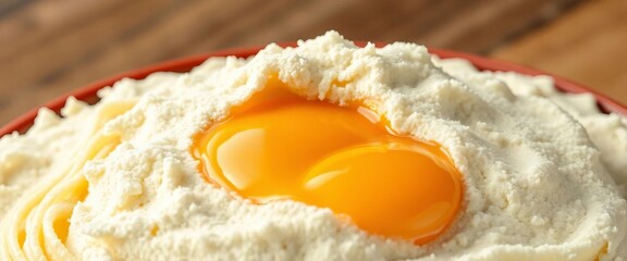 Well-hydrated egg yolks nestled in a peak of pale pasta flour,  cooking process,   yellows