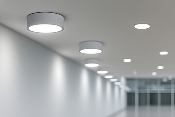 Illuminated ceiling lights line an indoor corridor, casting a bright, modern glow. Minimalist design with smooth surfaces emphasizes clean aesthetics.