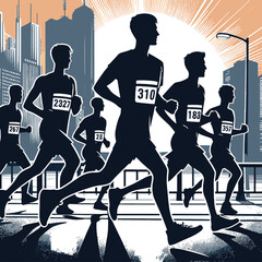  Dynamic illustration of an athletic woman running energetically against a stylized city background, showcasing perseverance and fitness spirit in a modern urban environment.