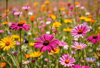 Vibrant watercolour wildflowers in a sun-drenched field,  beauty,  hues