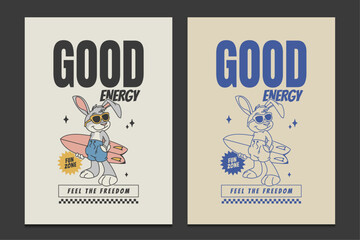 retro 30s poster with cool surfing bunny character, vector illustration