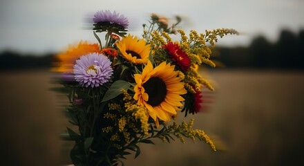Vibrant bouquet of sunflowers, asters, and goldenrod blossoms, artfully arranged against a blurred field backdrop.