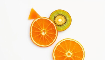 Fototapeta premium Vibrant kiwi and orange slices on pristine white, sweet, vitamin c