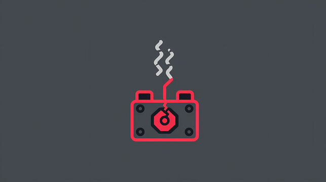 A simple flat 2d icon of a 'cracked engine block', with a simple engine icon that has a visible crack and smoke coming from it, minimalist design, solid dark gray and red colors, clean sharp lines.