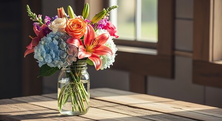 Vibrant bouquet of flowers in a glass jar, sitting on a rustic wooden table, bathed in sunlight.