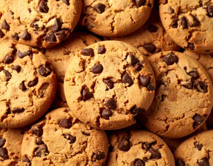 Close-up of many chocolate chip cookies