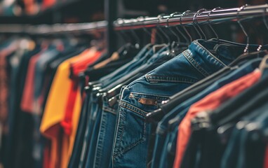 Closeup Denim Jackets Clothes Rack Fashion Retail Shop Display