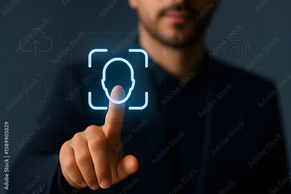 Poster businessman touching digital face id icon for biometric authentication in futuristic interface conce