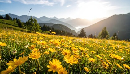 A field of yellow flowers with mountains in the background