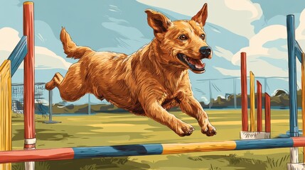 Dog agility training, course. Dog agility slalom, sports competitions of dogs. Dog agility training equipment. Happy dog runs and jumps on agility field